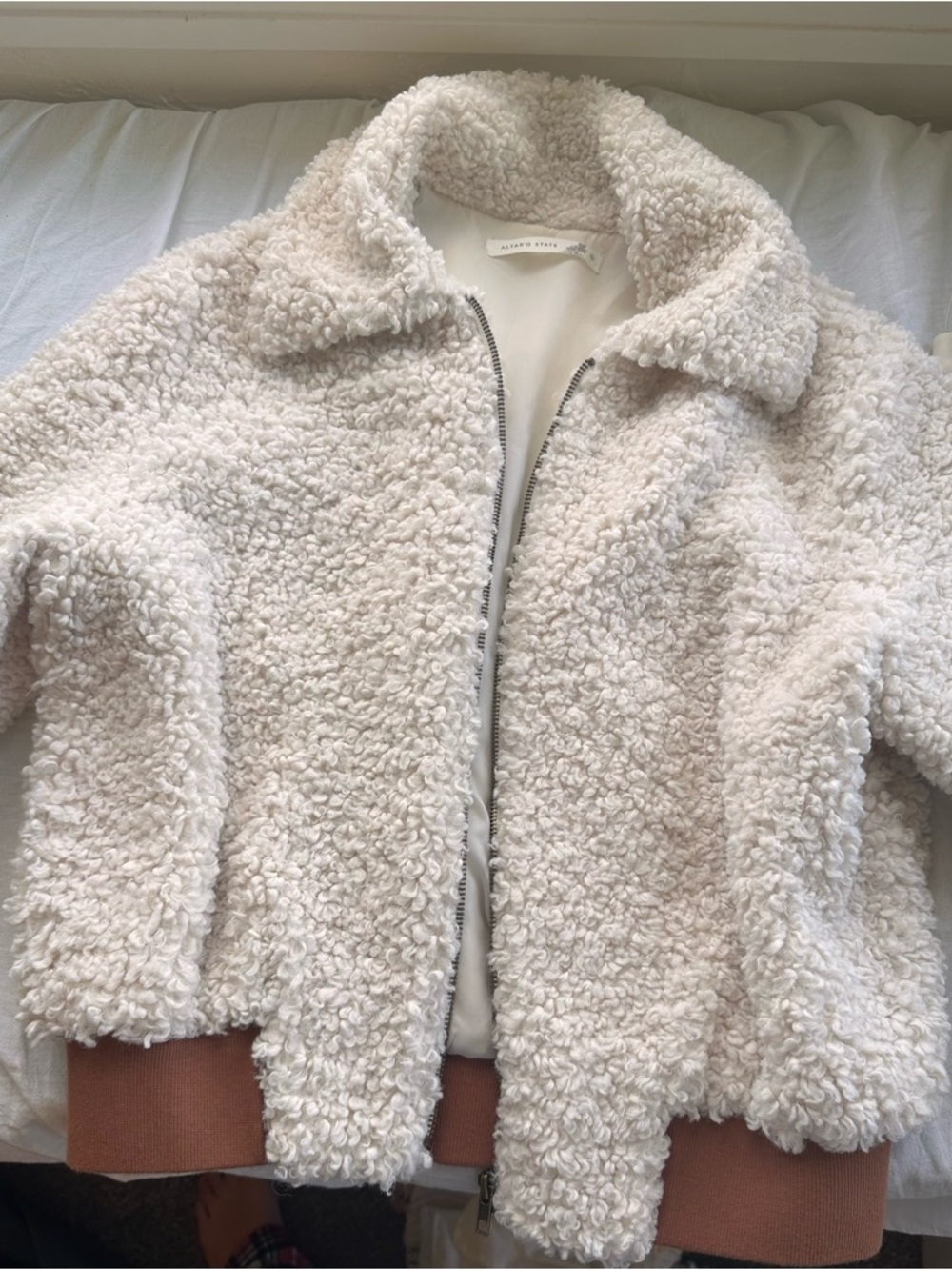 Altar'd State Small Cream Teddy Zip-Up Jacket with Tan Rib Hem